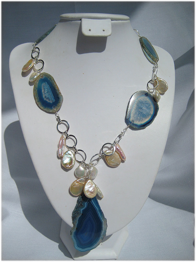 One of a kind blue agate and pearl necklace