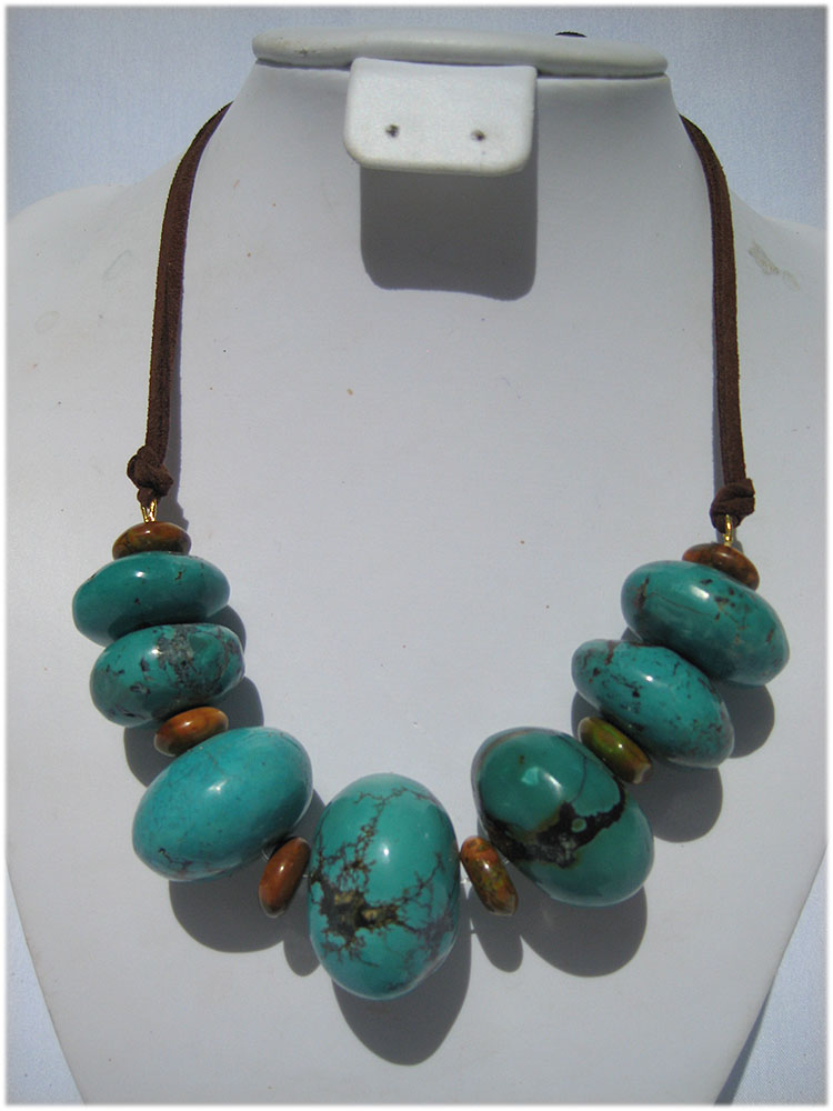 Giant blue turquoise beads on double brown suede cord